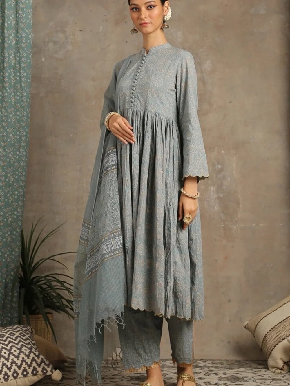 Coordinated Cotton Set Anarkali Dress Salwar Pants Dupatta Scarf Veil Stole
